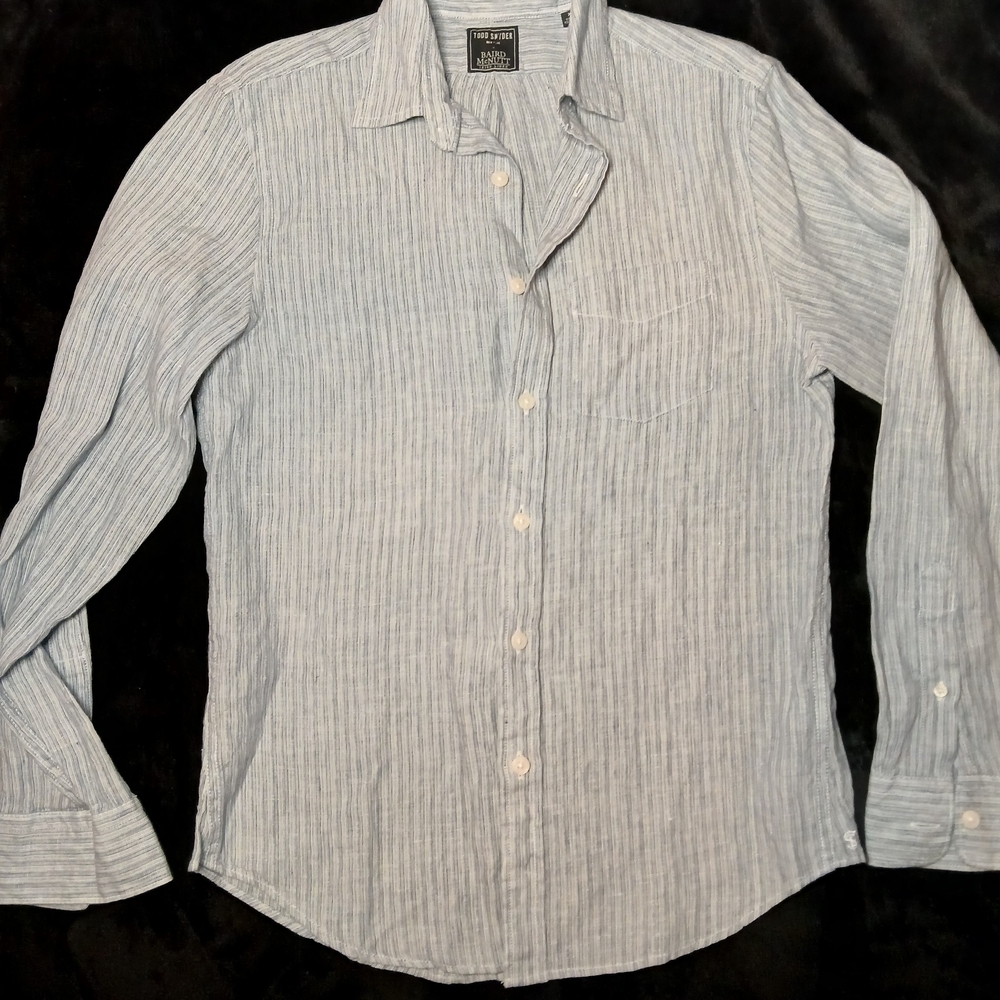 Todd Snyder Light Blue and White Striped Linen Button-Down Shirt